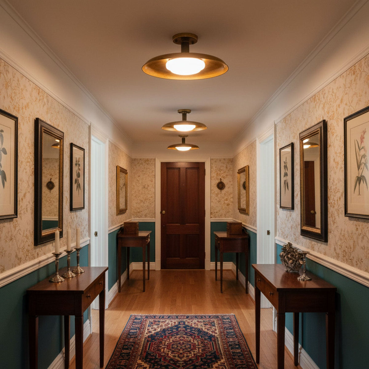 Gilded iron ceiling light in a hallway with framed pictures — Casa Norex