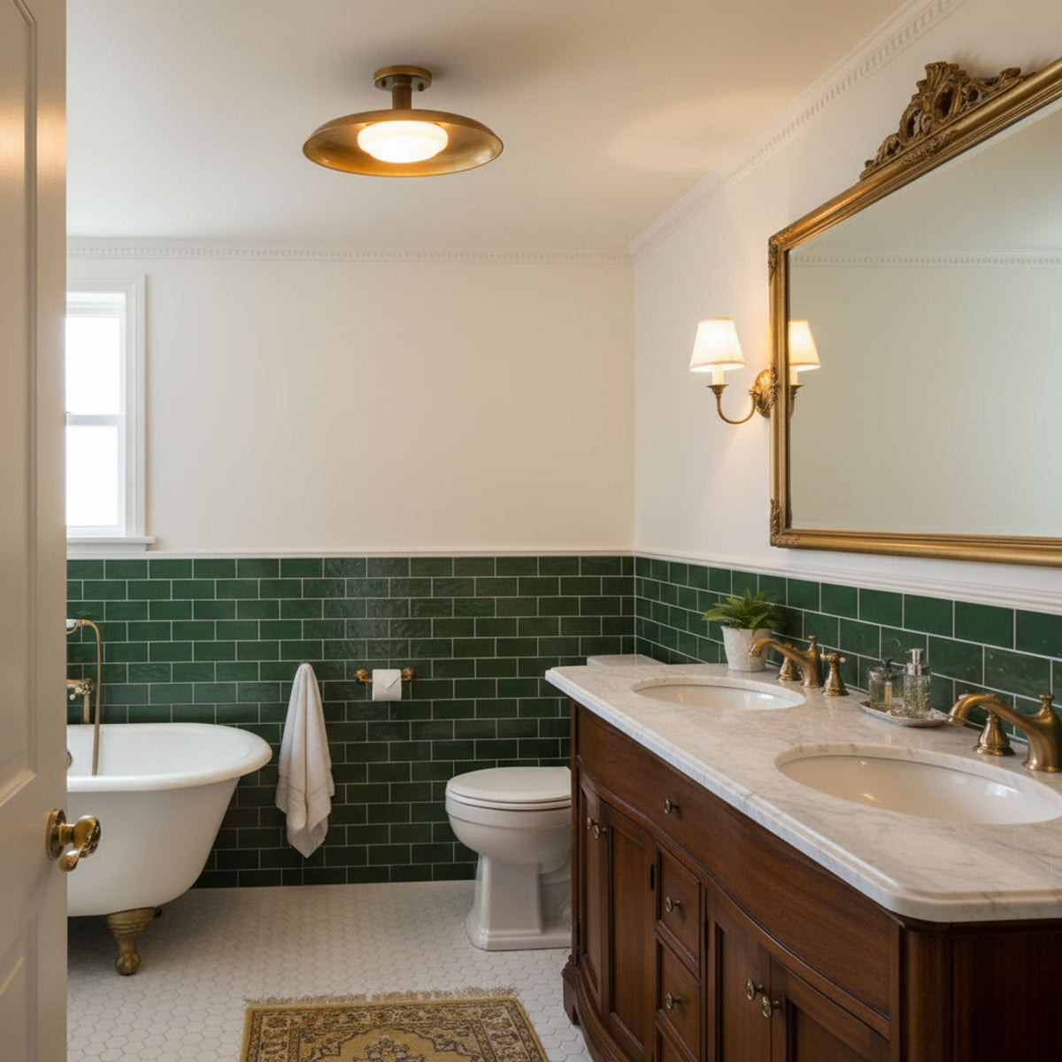 Gilded iron ceiling light in a green-tiled bathroom — Casa Norex