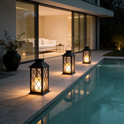 Wicklow lantern by a modern pool with warm glow — Casa Norex