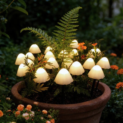 White solar mushroom lights clustered in a planter with ferns | Casa Norex