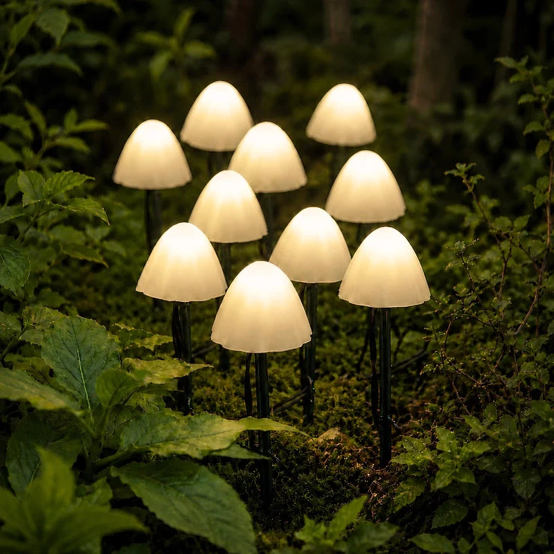 White mushroom stake lights on dark stems among garden foliage — Casa Norex