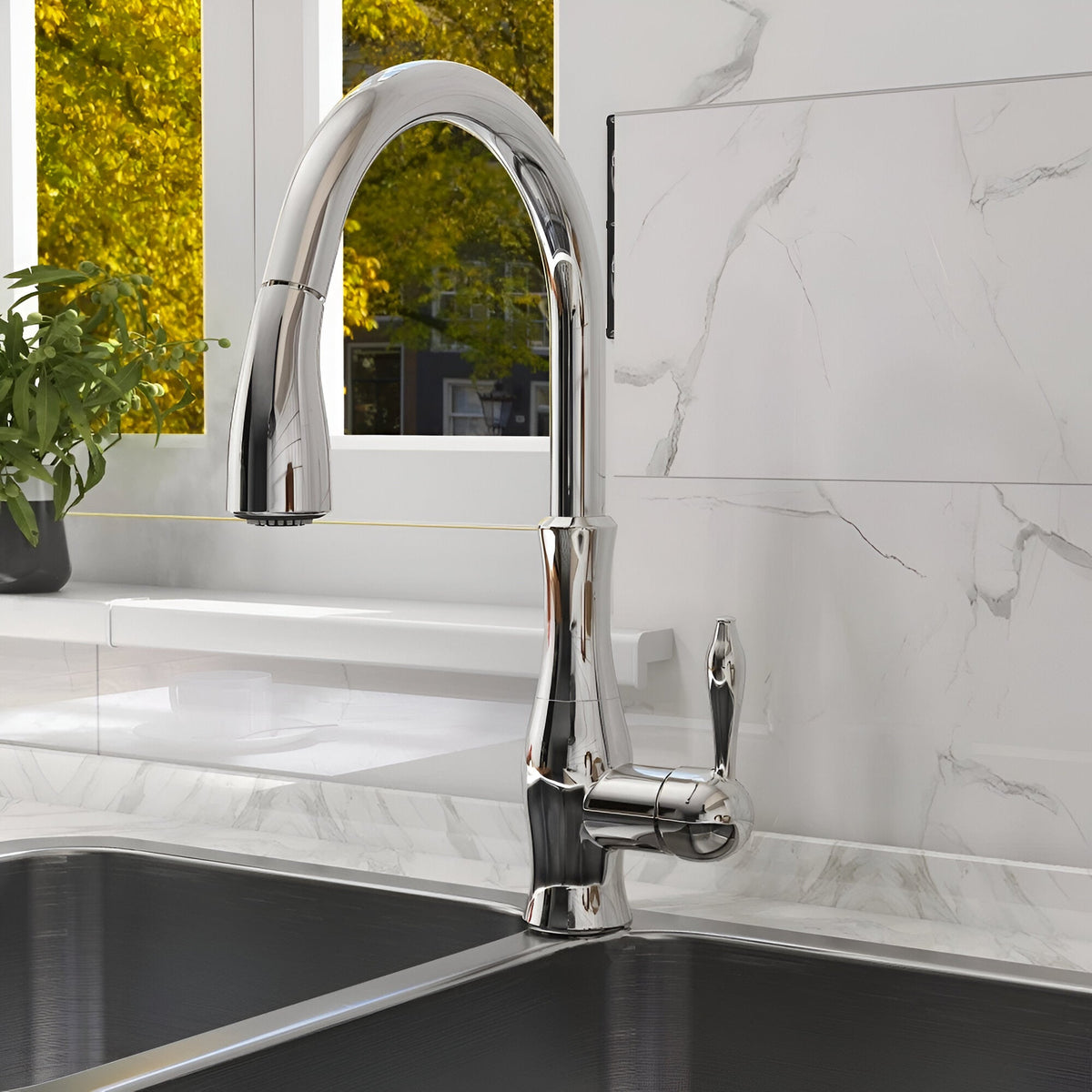 Aurelia Pull-Out Kitchen Faucet — polished Chrome detail | Casa Norex