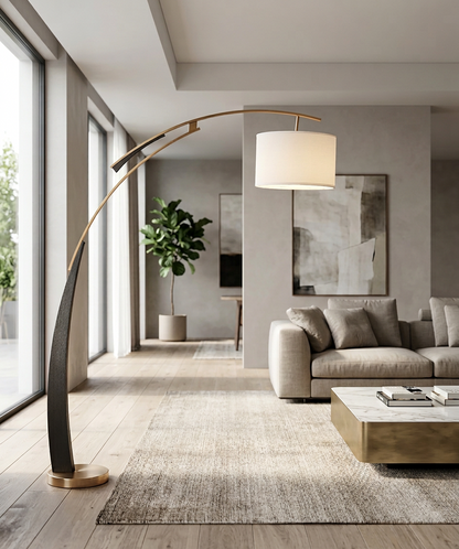 Mazork arc floor lamp over sofa - bedroom reading corner - Casa Norex