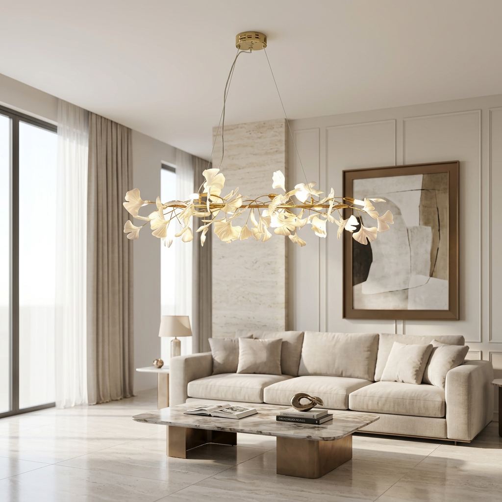 Ginko Island chandelier full profile - linear metal frame - Casa Norex