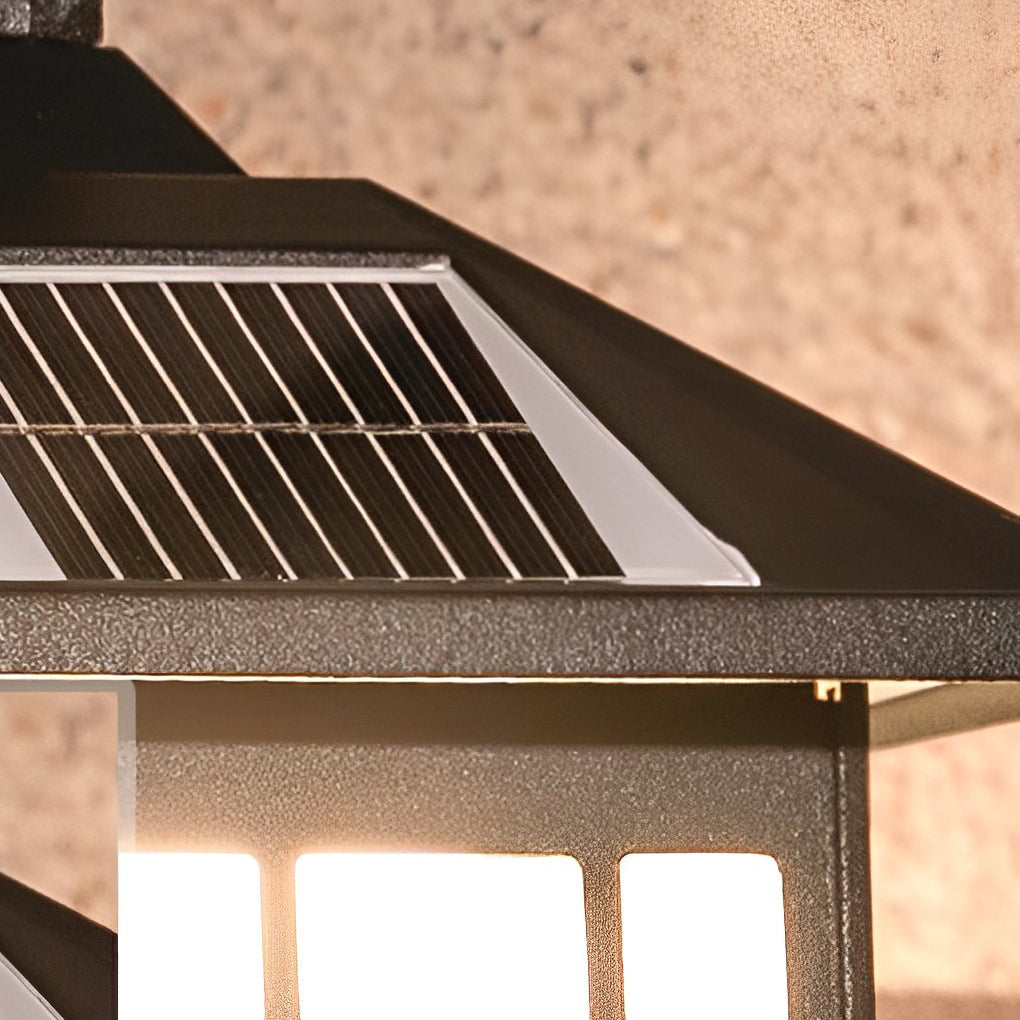 Retro lantern outdoor wall light close-up of black frame with warm light — Casa Norex