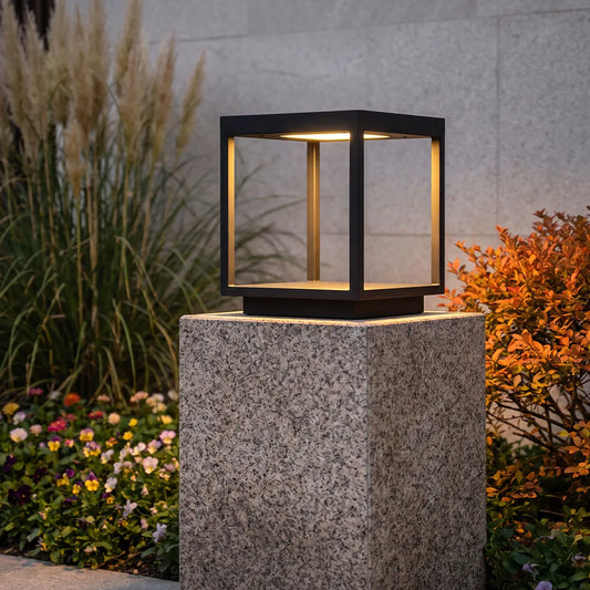 Concrete open-frame square pillar light open frame pillar light textured stone post — Casa Norex