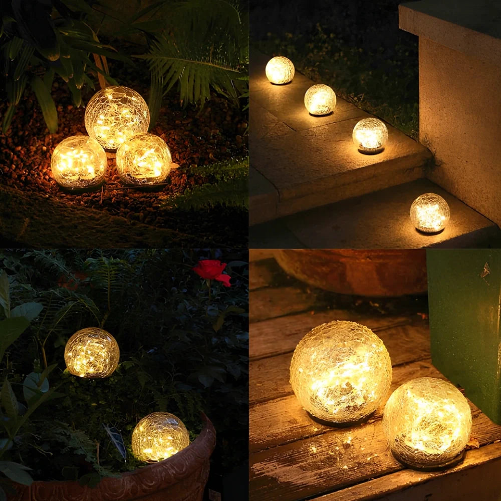 Collage of solar globe lights on steps, decking and stone — Casa Norex