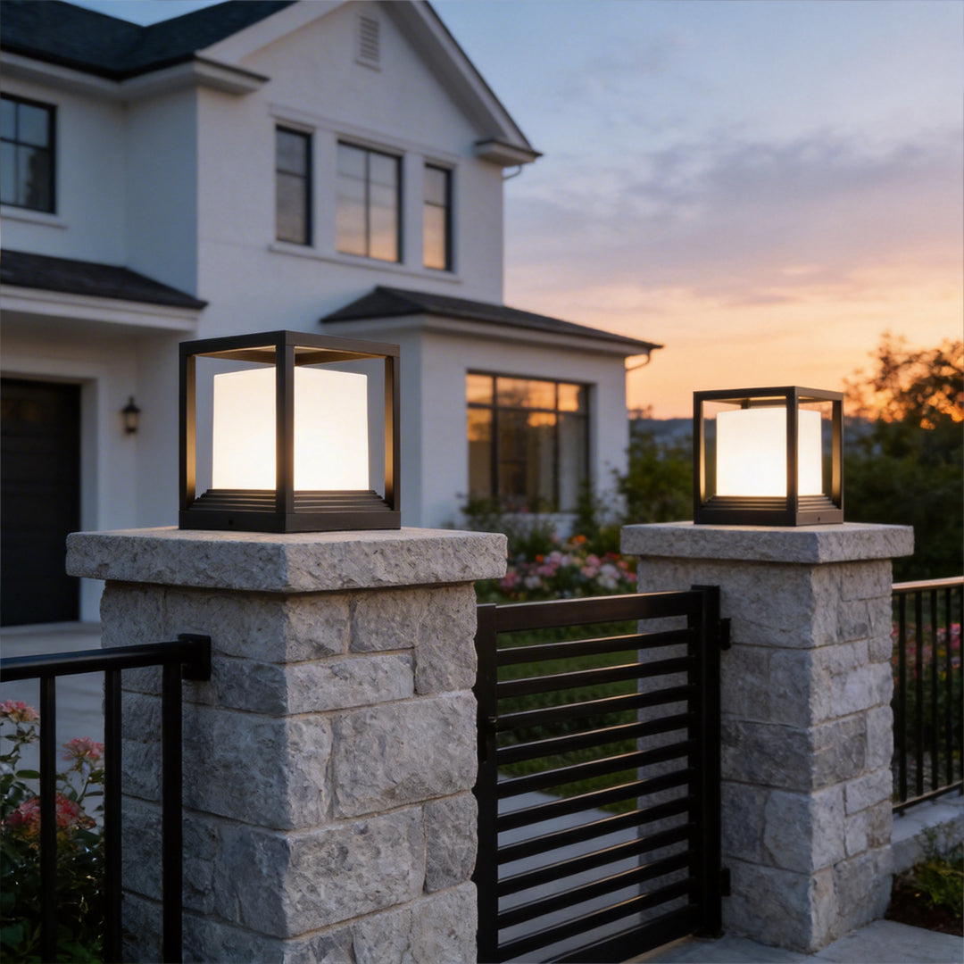 Plinth pedestal lights on stone gate posts — Casa Norex