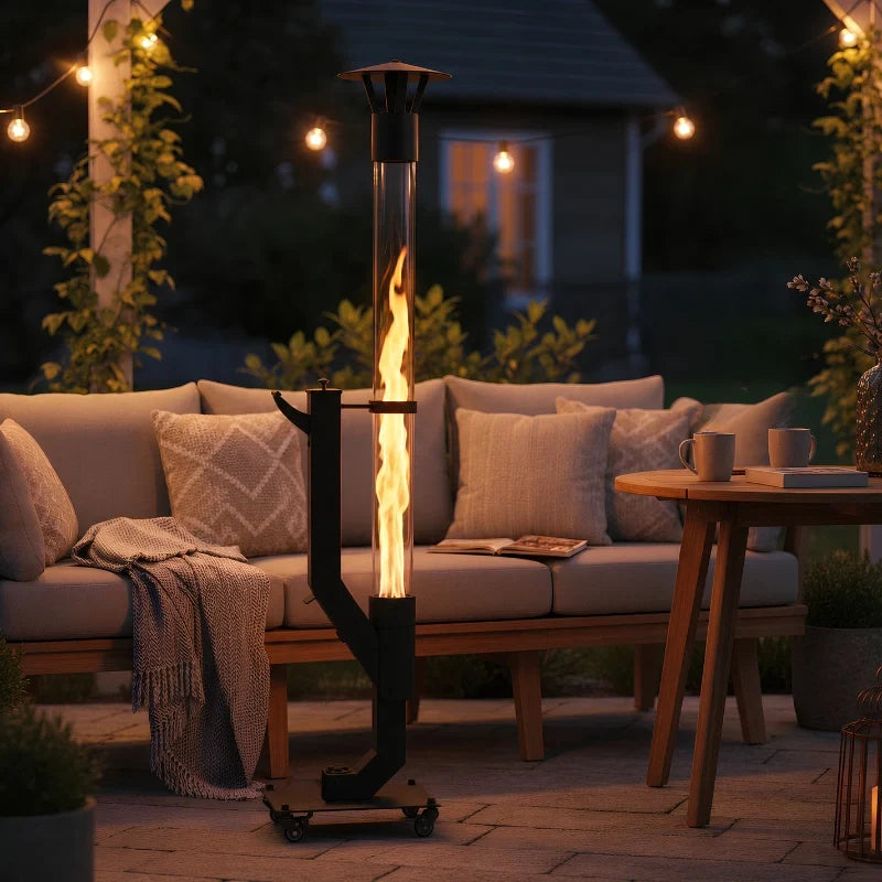 Outdoor pellet torch setting — flame beside a cushioned sofa on a dark patio | Casa Norex
