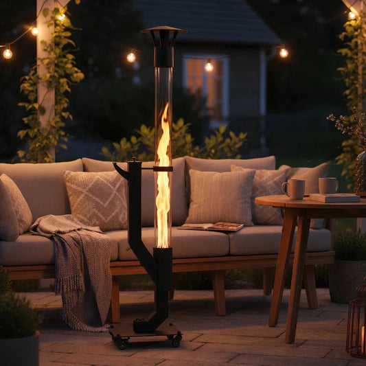 Outdoor pellet torch setting — flame beside a cushioned sofa on a dark patio | Casa Norex