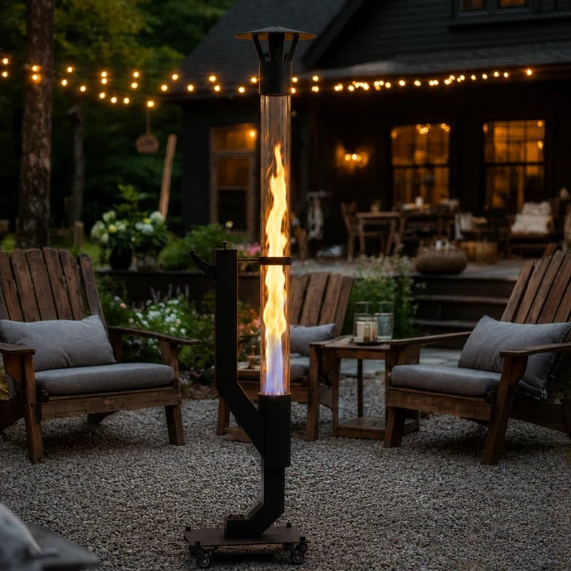 Close-up of the curved iron base of a pellet torch among patio chairs | Casa Norex