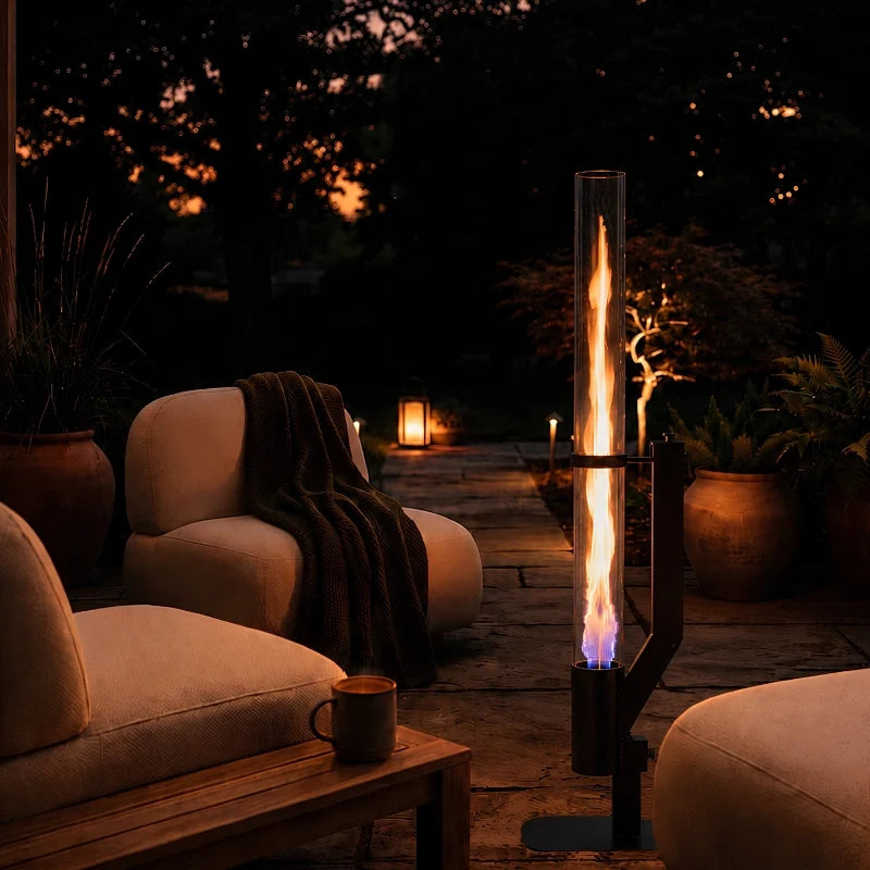 Pellet torch flame beside a sofa and throw blanket on an evening patio | Casa Norex