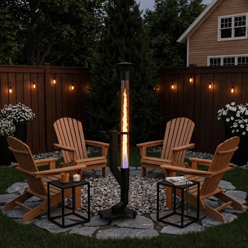 Pellet torch between Adirondack chairs in a fenced garden — Casa Norex