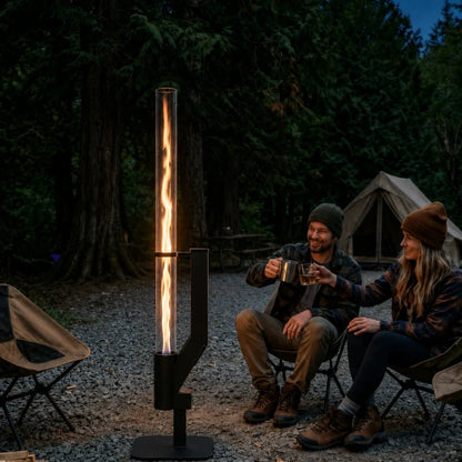 Pellet torch with a bright flame beside two people in camp chairs — Casa Norex