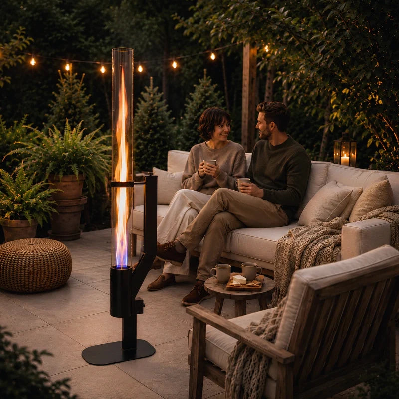 Two pellet torches flanking a patio sofa where two people sit — Casa Norex