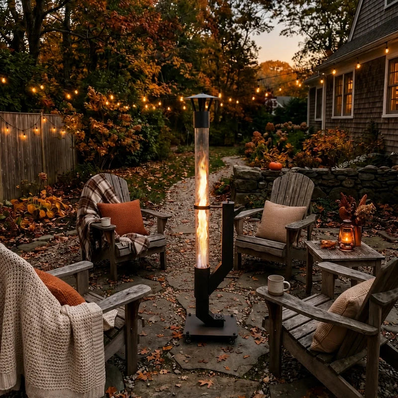 Pellet torch beside garden chairs among autumn foliage at dusk — Casa Norex