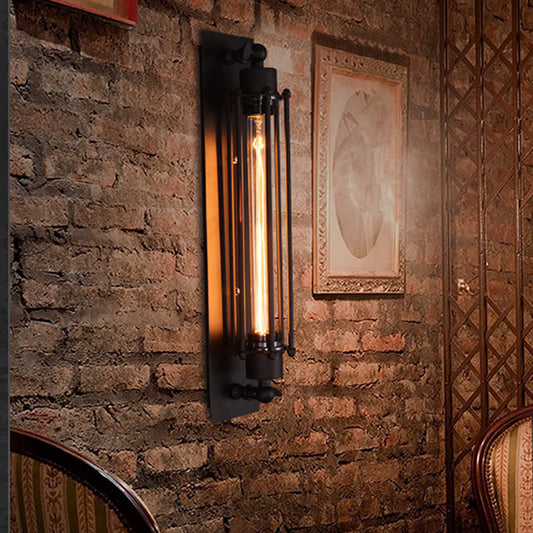 Black iron industrial wall sconce — exposed bulb vintage industrial wall sconce rustic brick | Casa Norex