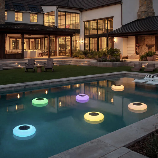 Lilypad floating lamps lighting a residential pool | Casa Norex