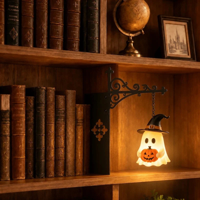 Ghost in a witch hat holding a pumpkin glowing on an iron bookshelf bracket | Casa Norex