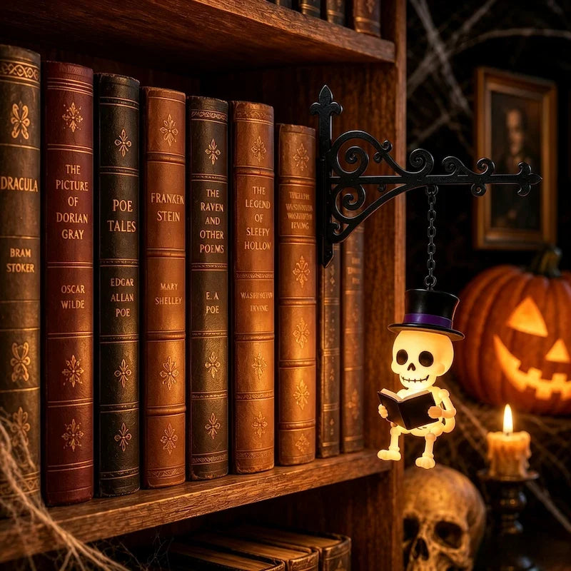 Skeleton reading a book pendant light hanging from a scrolled iron bookshelf bracket | Casa Norex