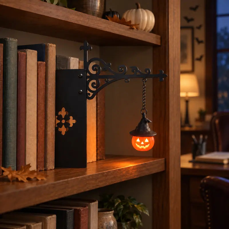 Small glowing jack-o-lantern pendant on a black iron bracket between books | Casa Norex