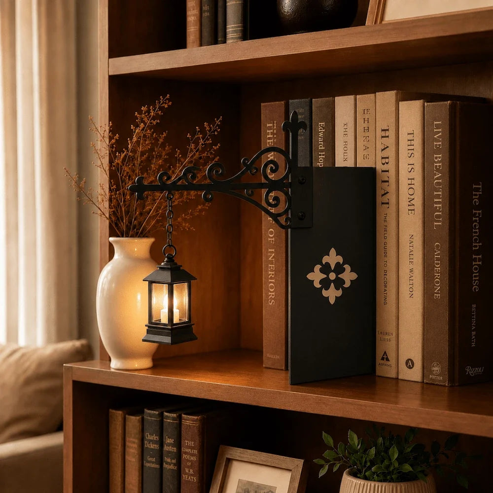Manor lantern pendant glowing on a black iron bracket beside a vase on a bookshelf — Casa Norex