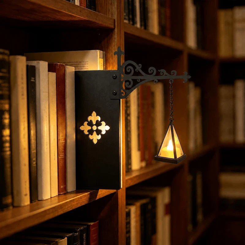 Pyramid lantern pendant glowing between books on a wooden bookshelf — Casa Norex