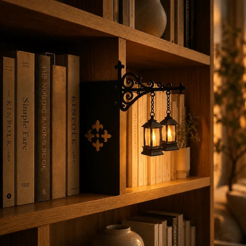 Twin manor lanterns hanging side by side from one iron bracket on a bookshelf — Casa Norex