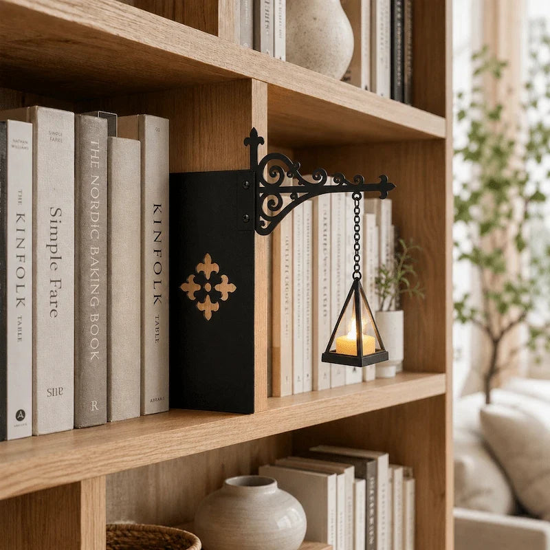 Scrolled iron bookshelf bracket tucked between light-colored books on a wooden shelf — Casa Norex