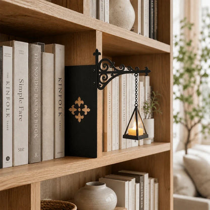 Scrolled iron bookshelf bracket tucked between light-colored books on a wooden shelf — Casa Norex
