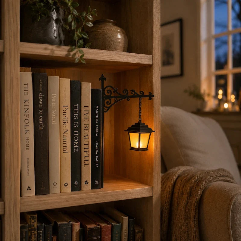 Wrought iron bookshelf light bracket on a shelf near a window and vase — Casa Norex