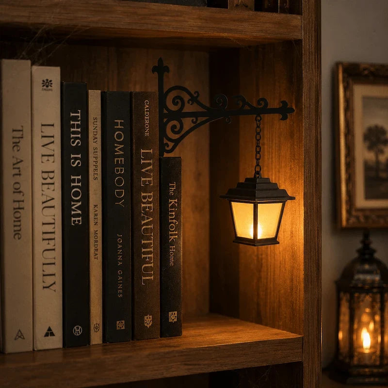 Black bracket of a bookshelf pendant light slid between books on a wooden shelf — Casa Norex