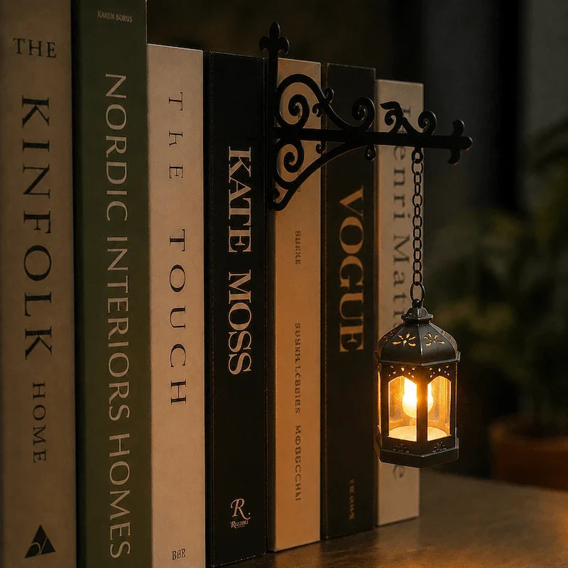 Close view of a scrolled iron bookshelf bracket against book spines — Casa Norex