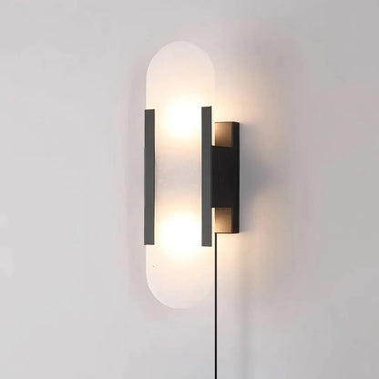Geometric Harmony alabaster plug-in wall lamp hand-carved cylinder brass | Casa Norex