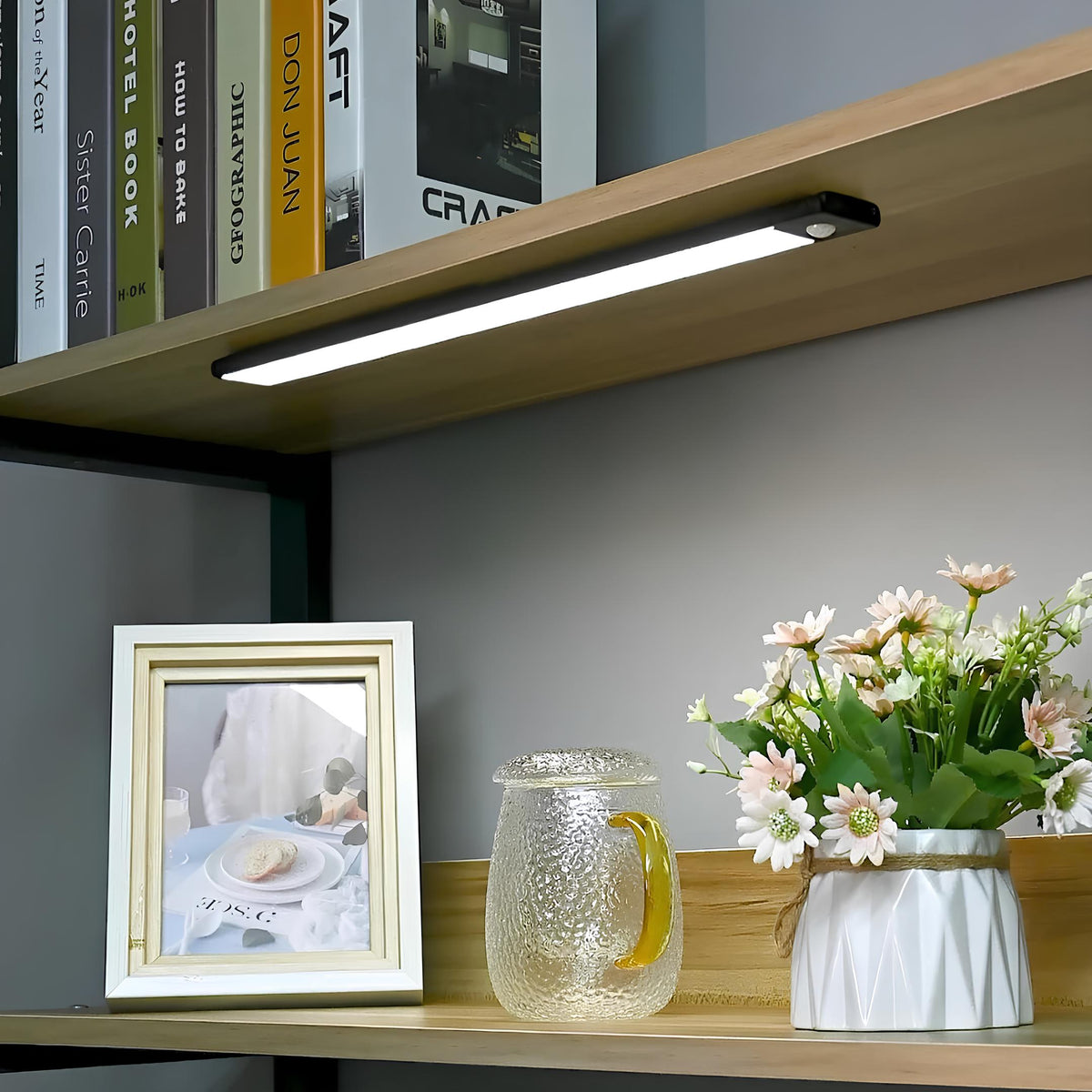 Light bar under a bookshelf above books, a photo frame and flowers — Casa Norex