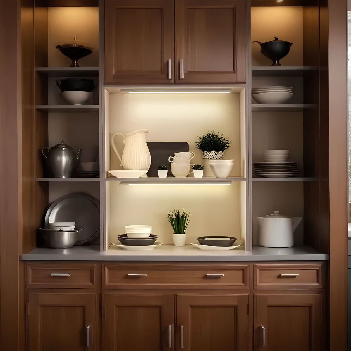 Light bars lighting shelves in a kitchen dresser — Casa Norex