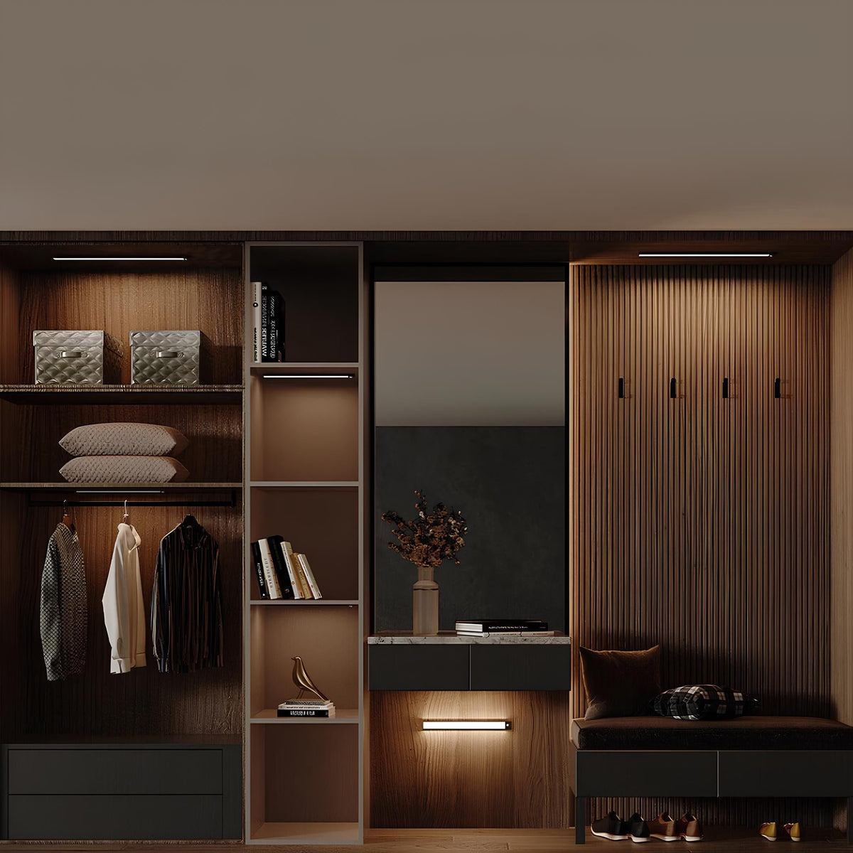 Light bar glowing in a wooden dressing room wardrobe — Casa Norex