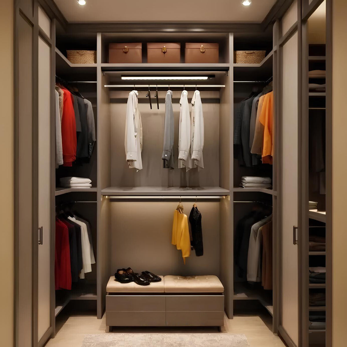 Light bar lighting a walk-in closet with shoes and clothes — Casa Norex