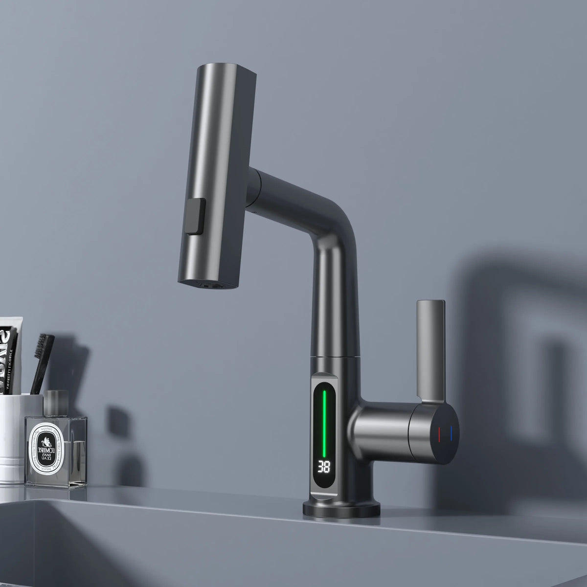 Novara Waterfall Bathroom Faucet spout close-up — Gray finish — Casa Norex