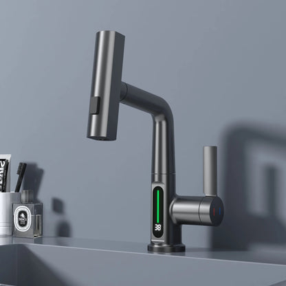 Novara Waterfall Bathroom Faucet spout close-up — Gray finish — Casa Norex