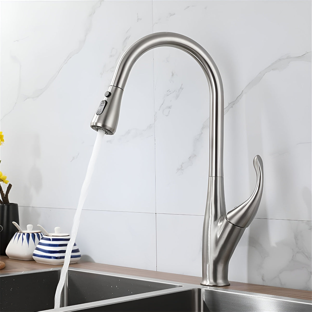 Winslow Victorian Pull-Out Kitchen Faucet — Chrome finish in use | Casa Norex