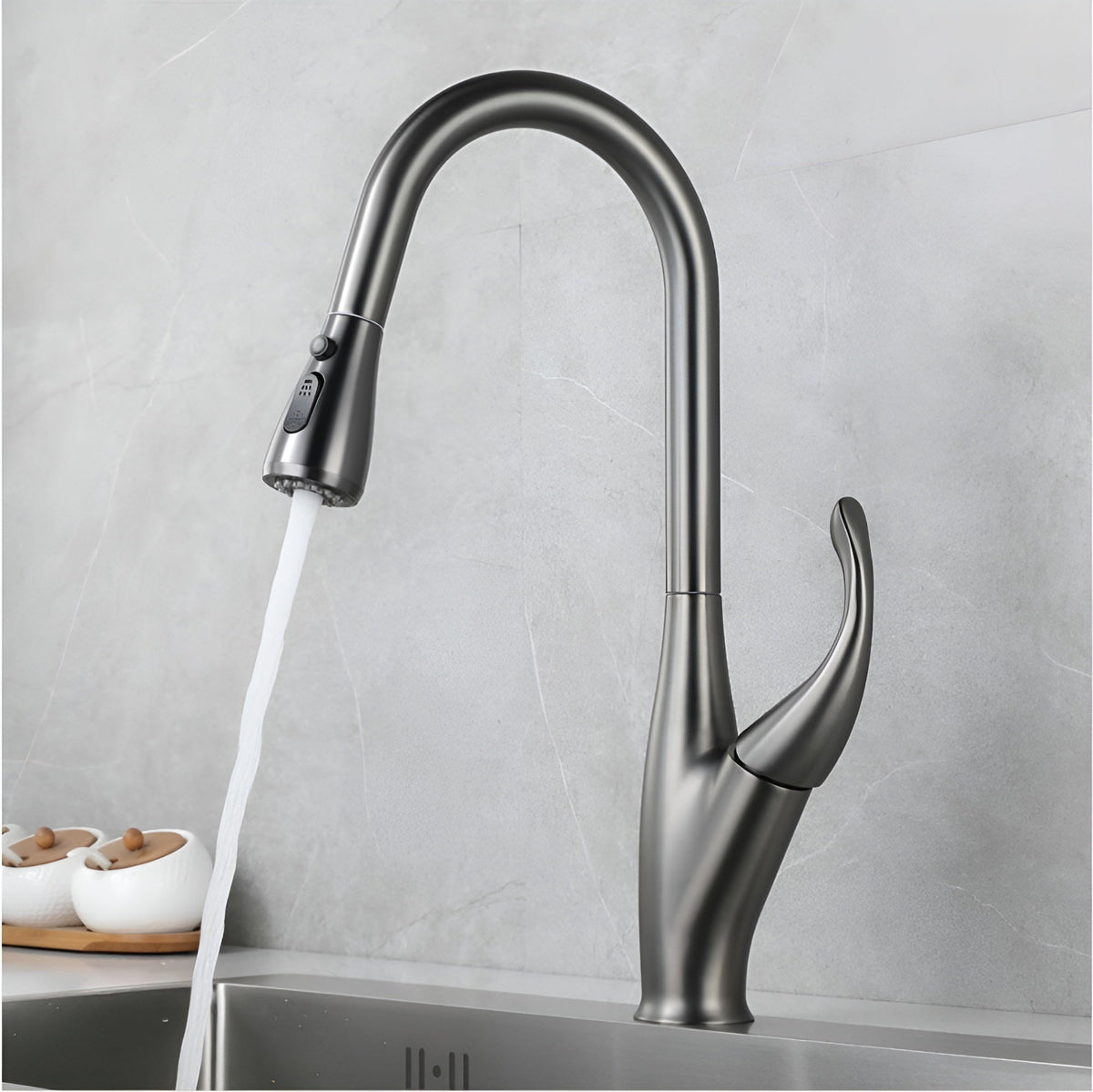 Winslow Victorian Pull-Out Kitchen Faucet — Gunmetal Gray finish, stream mode | Casa Norex