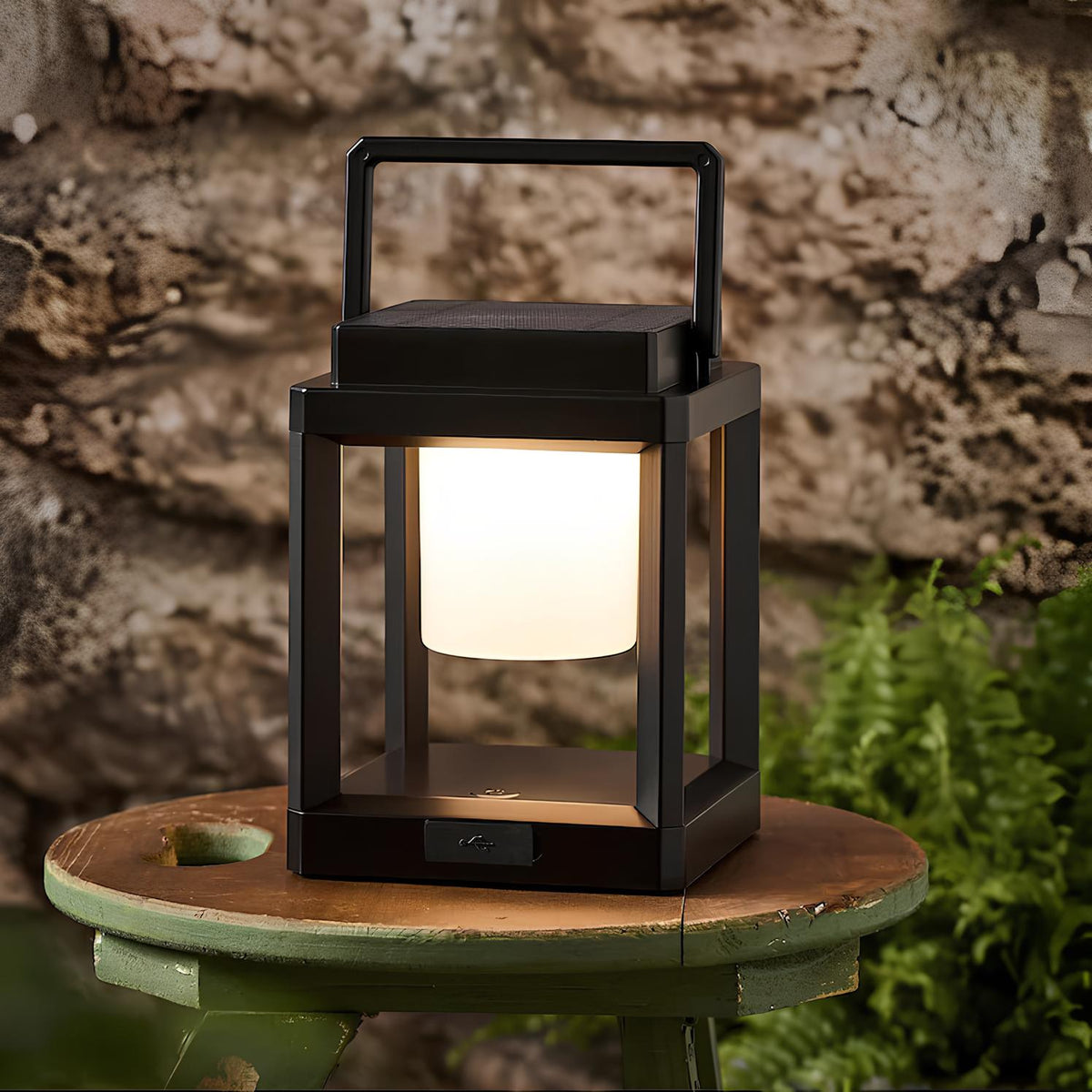 Portable solar lantern with a carry handle glowing warm white on a garden table | Casa Norex