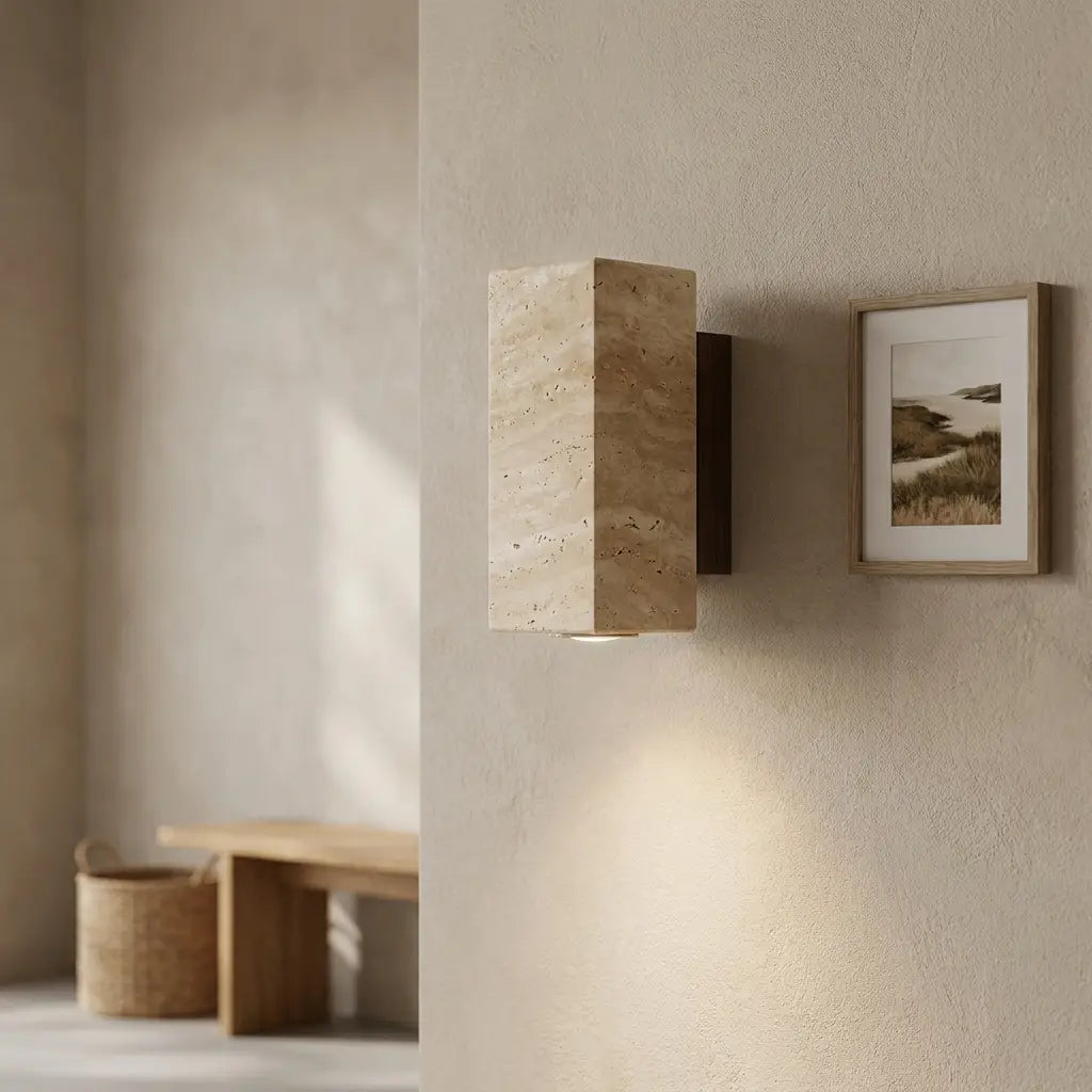 Close-up of travertine-style natural veining on wall sconce shade | Casa Norex