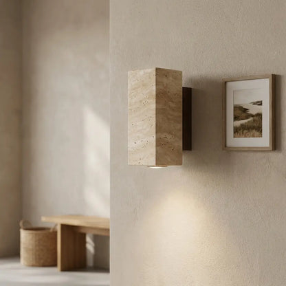 Close-up of travertine-style natural veining on wall sconce shade | Casa Norex