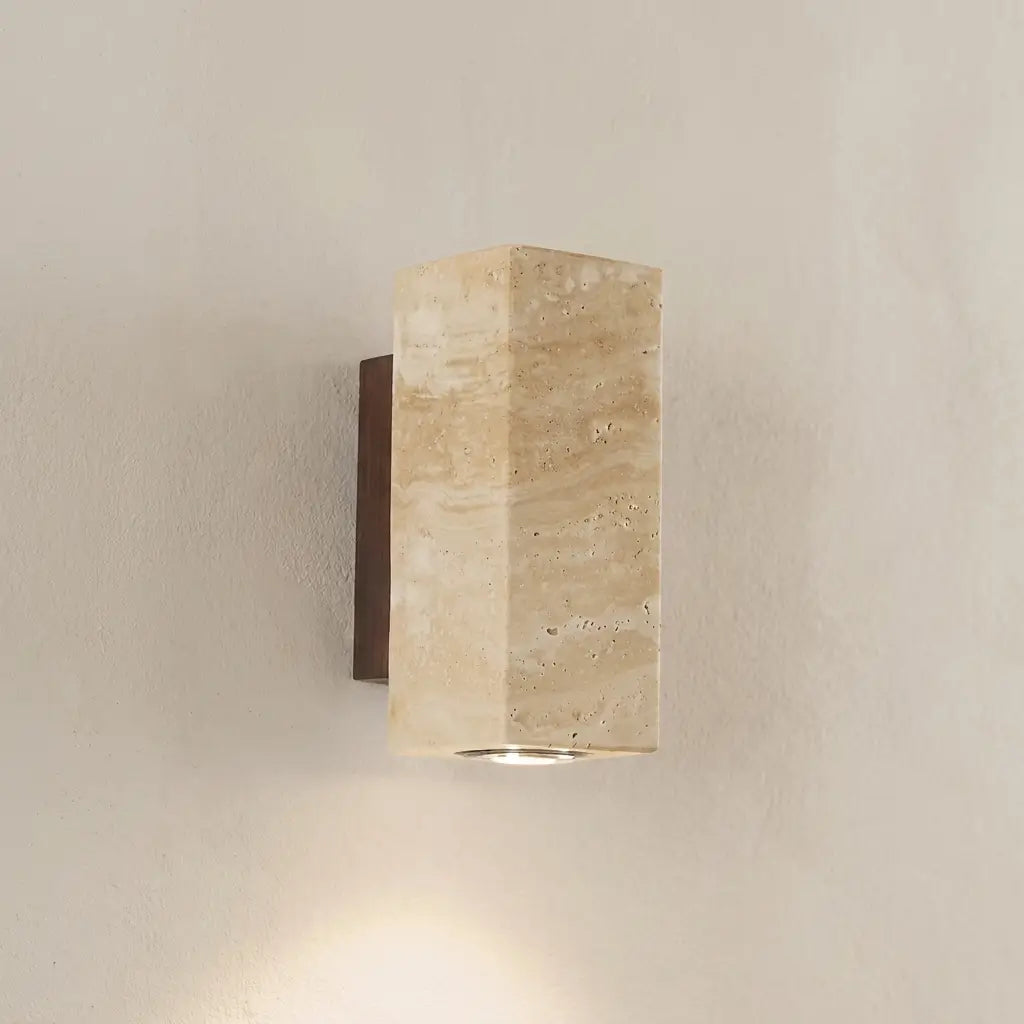 Wabi-Sabi wall lamp mounted above staircase, warm ambient glow — Casa Norex