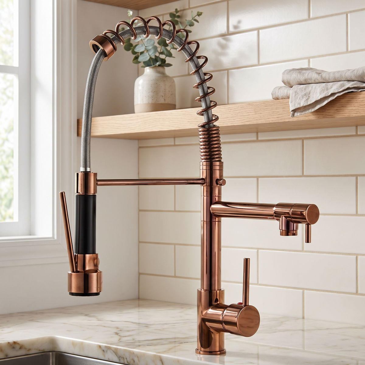 Ridgeline Pull-Down Kitchen Faucet lifestyle angle — Copper finish — Casa Norex