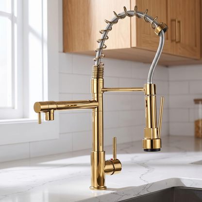 Ridgeline Pull-Down Kitchen Faucet countertop view — Gold finish — Casa Norex
