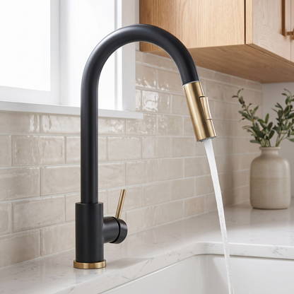 Falkenberg touch kitchen faucet Matte Black and Brushed Gold lifestyle