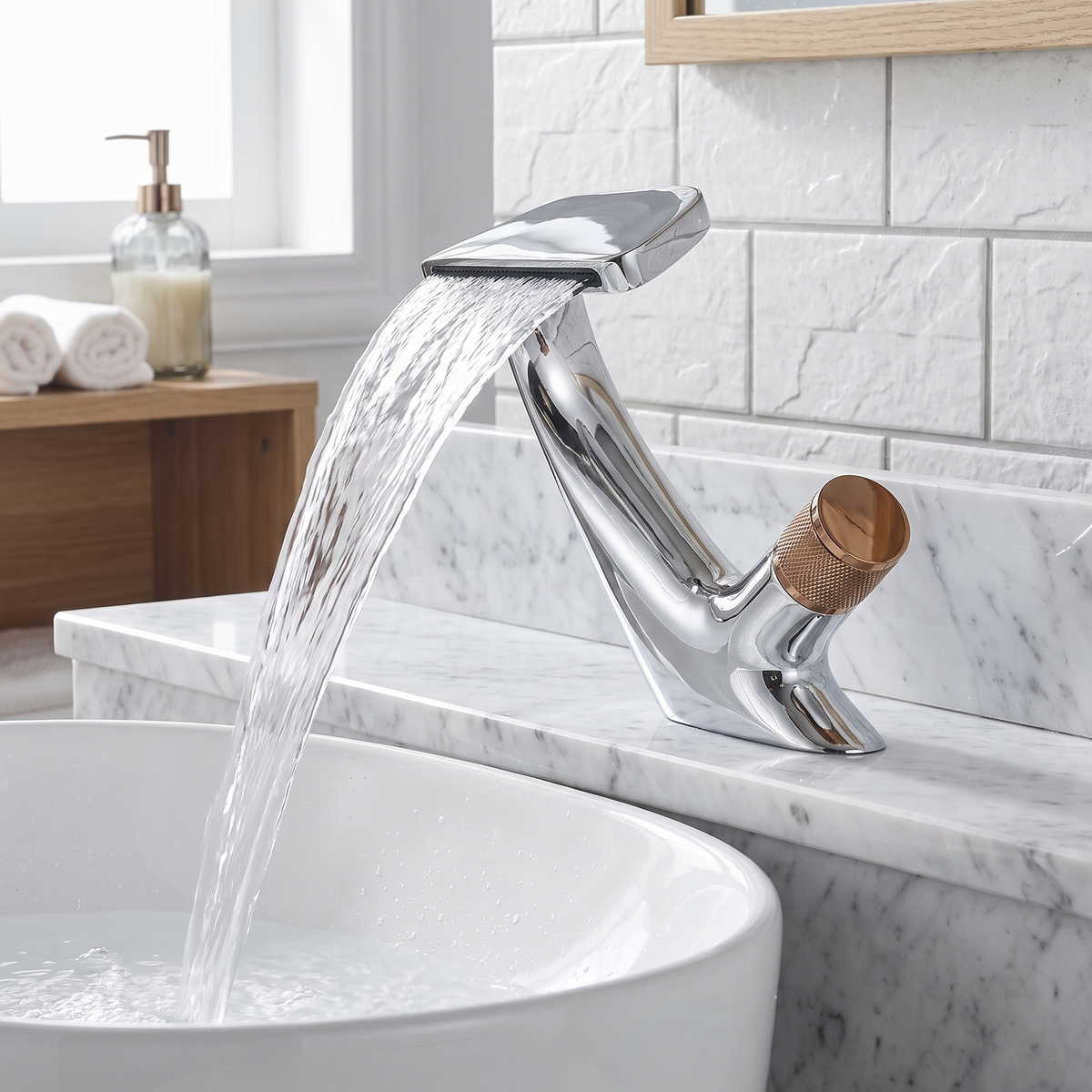 Bodo waterfall bathroom faucet Chrome and Rose Gold lifestyle